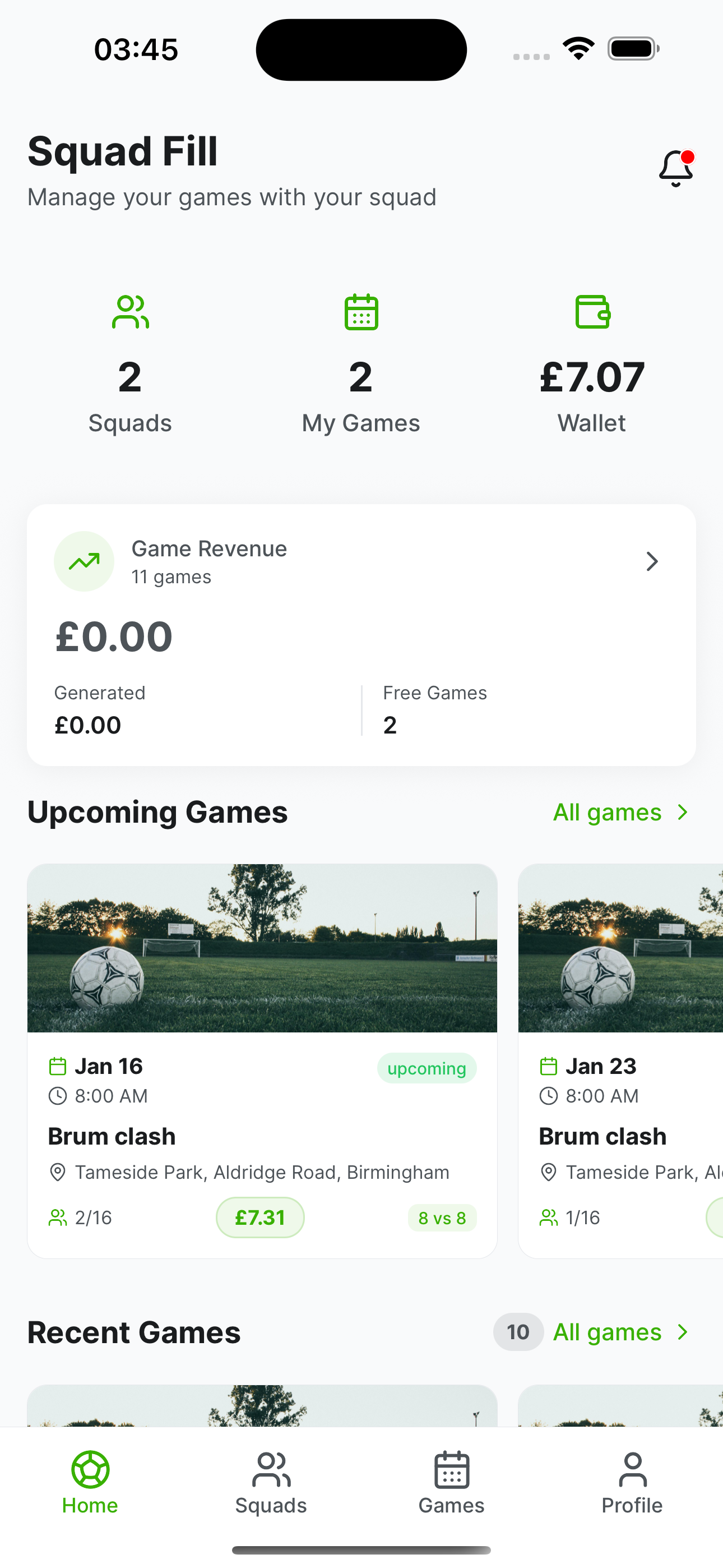 SquadFill App Dashboard